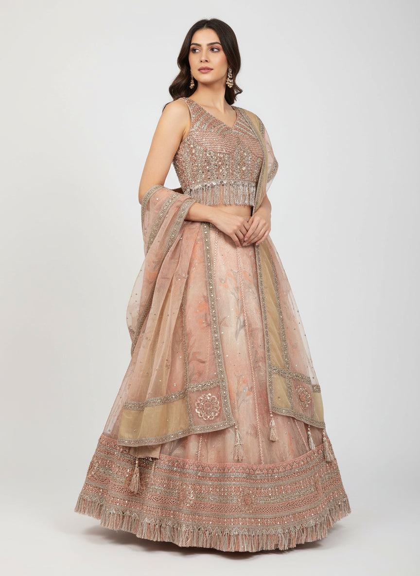 Peach Embroidered Designer Lehenga Set with Sequins and Beaded Dupatta