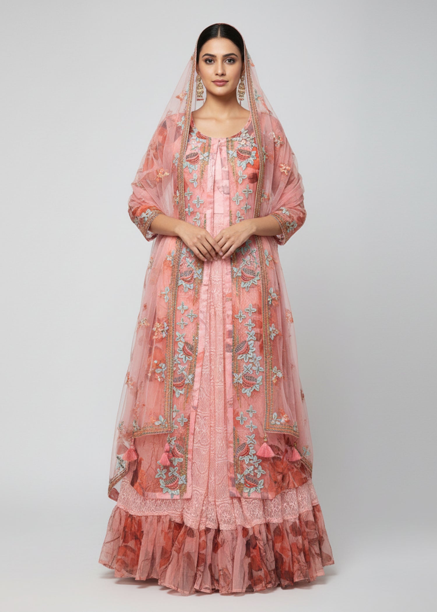 Floral Printed Layered Anarkali Dress with Embroidered Jacket – Elegant Ethnic Wear
