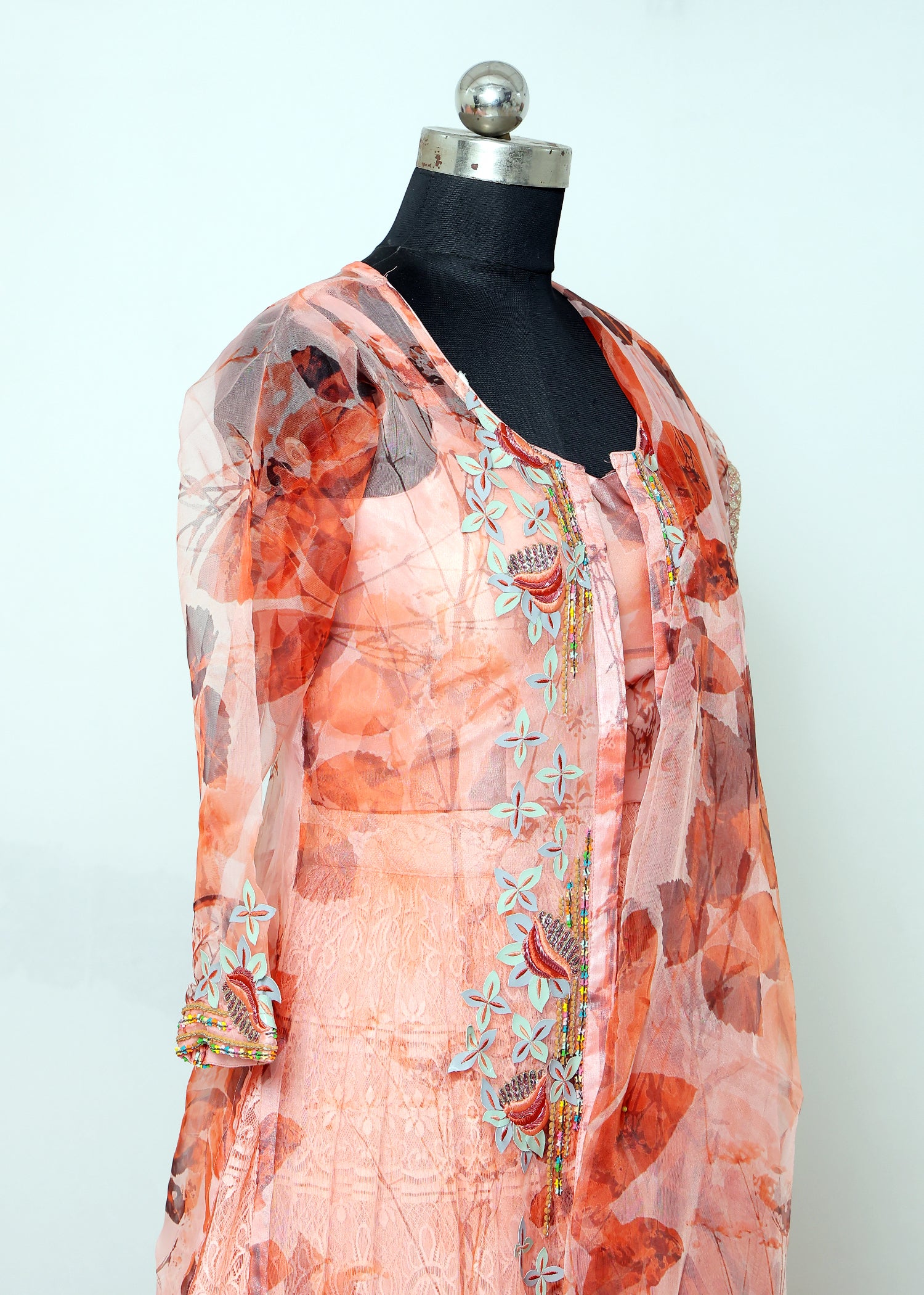 Floral Printed Layered Anarkali Dress with Embroidered Jacket – Elegant Ethnic Wear