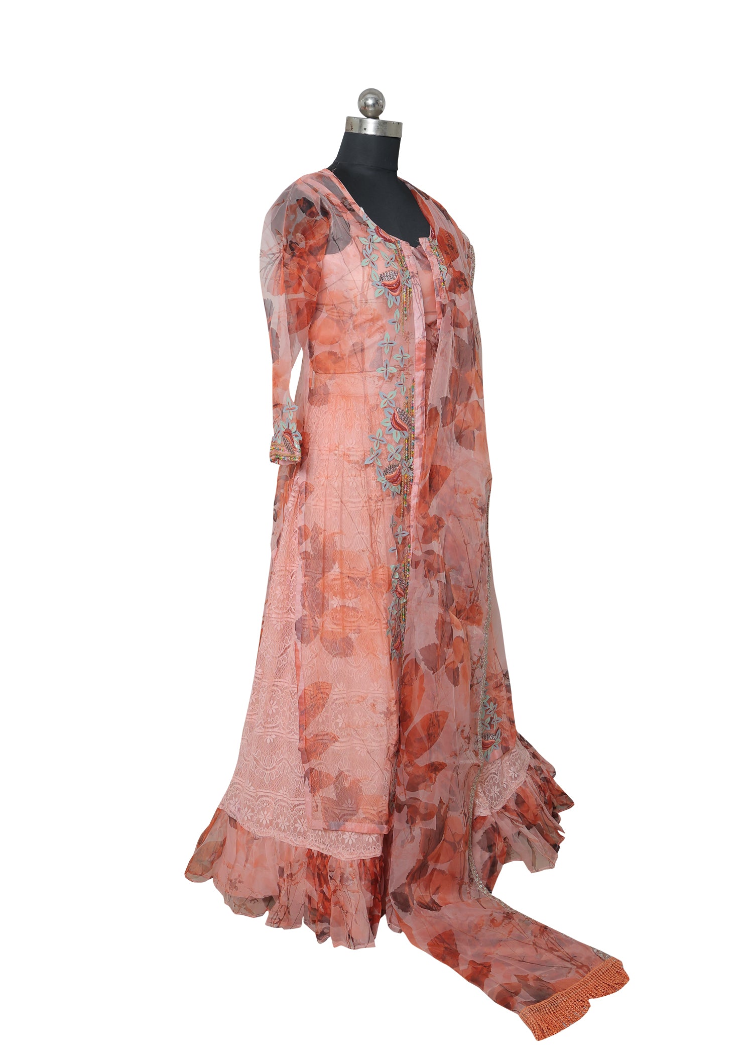 Floral Printed Layered Anarkali Dress with Embroidered Jacket – Elegant Ethnic Wear