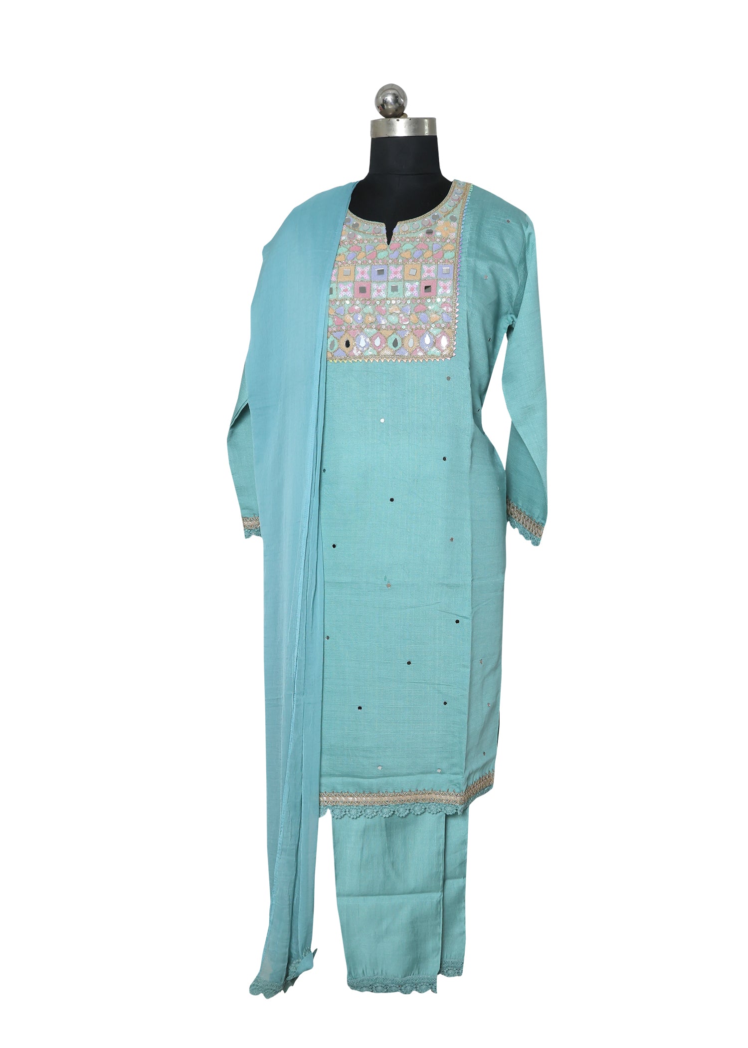 Aqua Blue Embroidered Kurta Set with Dupatta