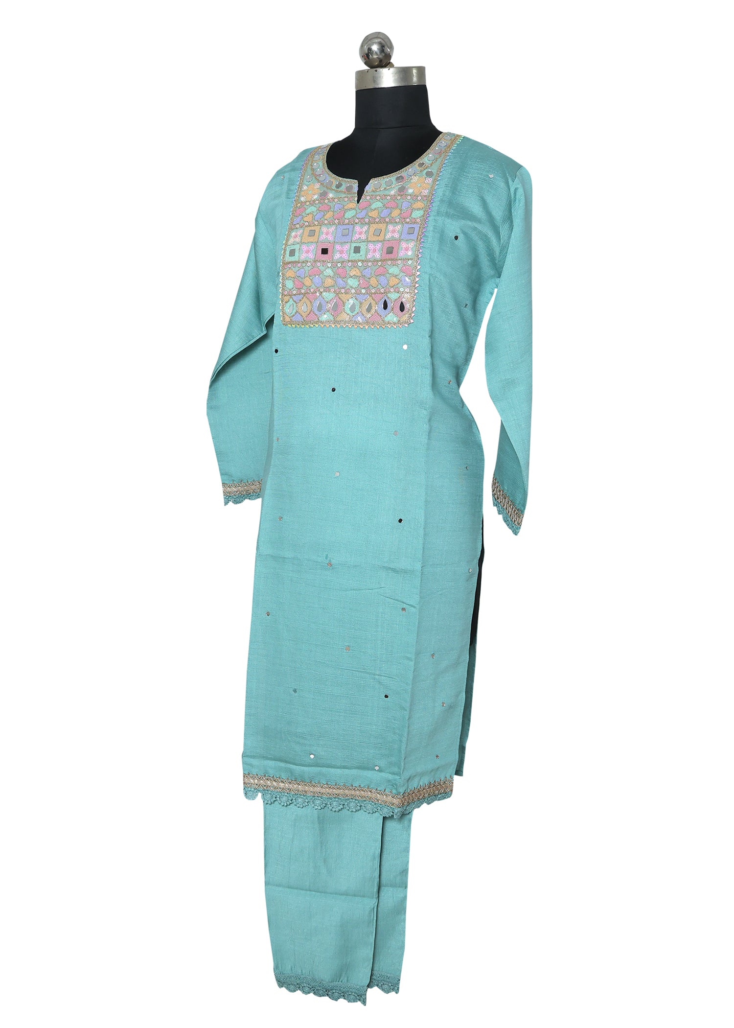 Aqua Blue Embroidered Kurta Set with Dupatta