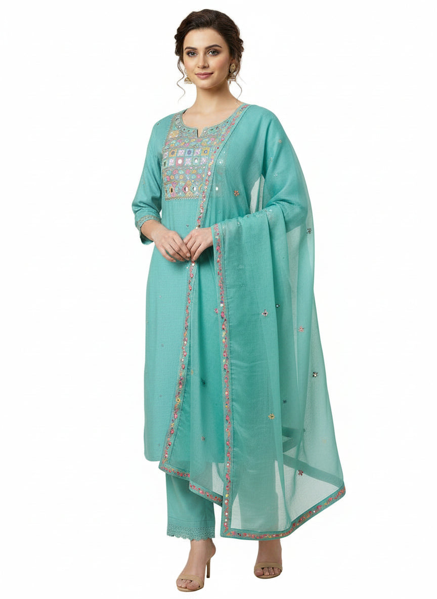 Aqua Blue Embroidered Kurta Set with Dupatta