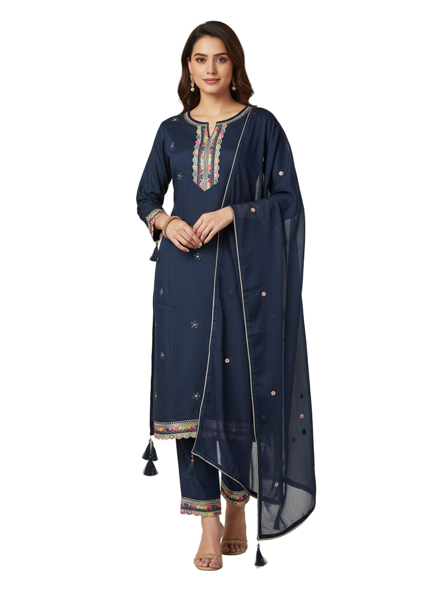 Navy Blue Embroidered Kurta Set for Women