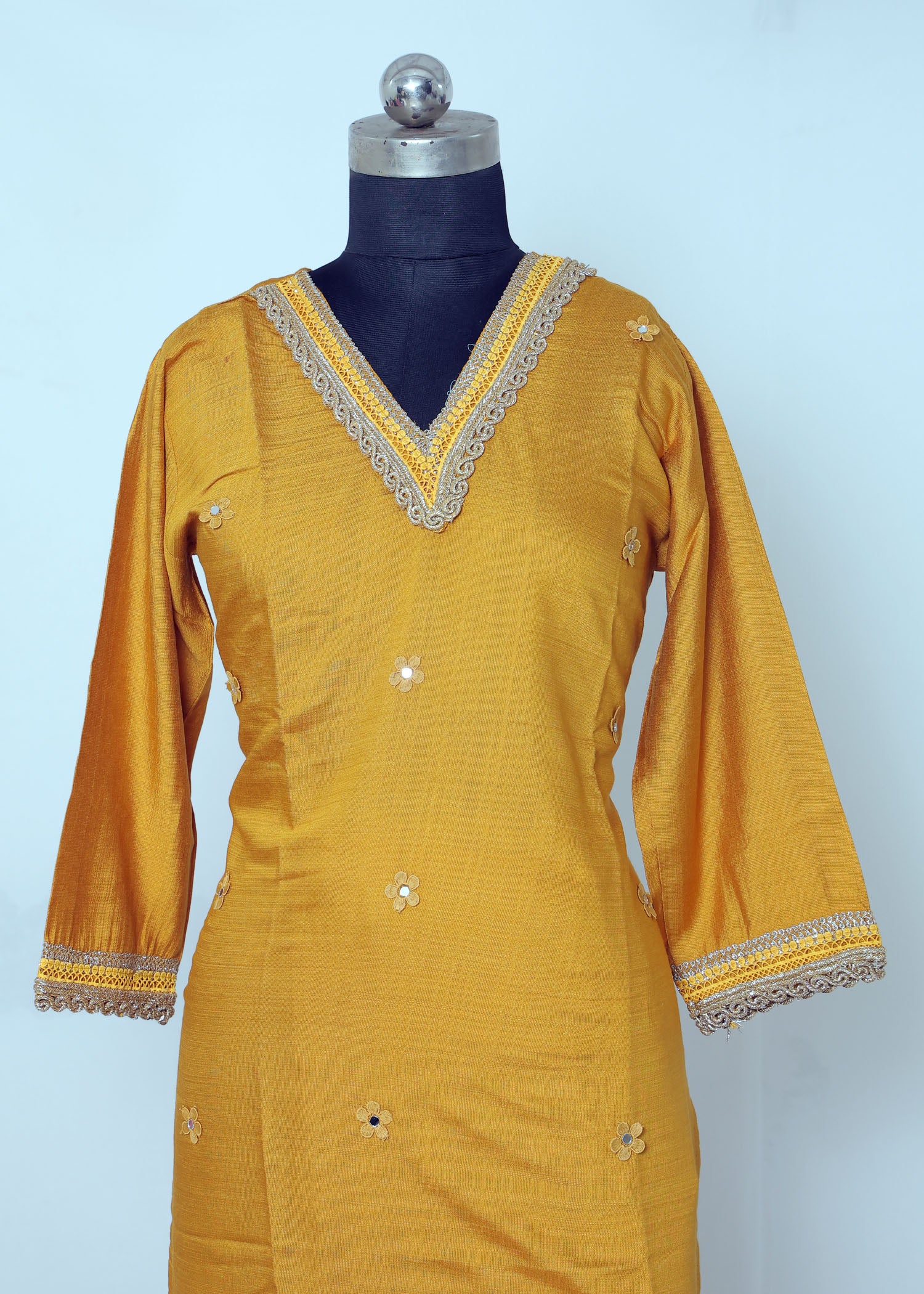 Mustard Yellow Embroidered KurtI Set with Palazzo Pants