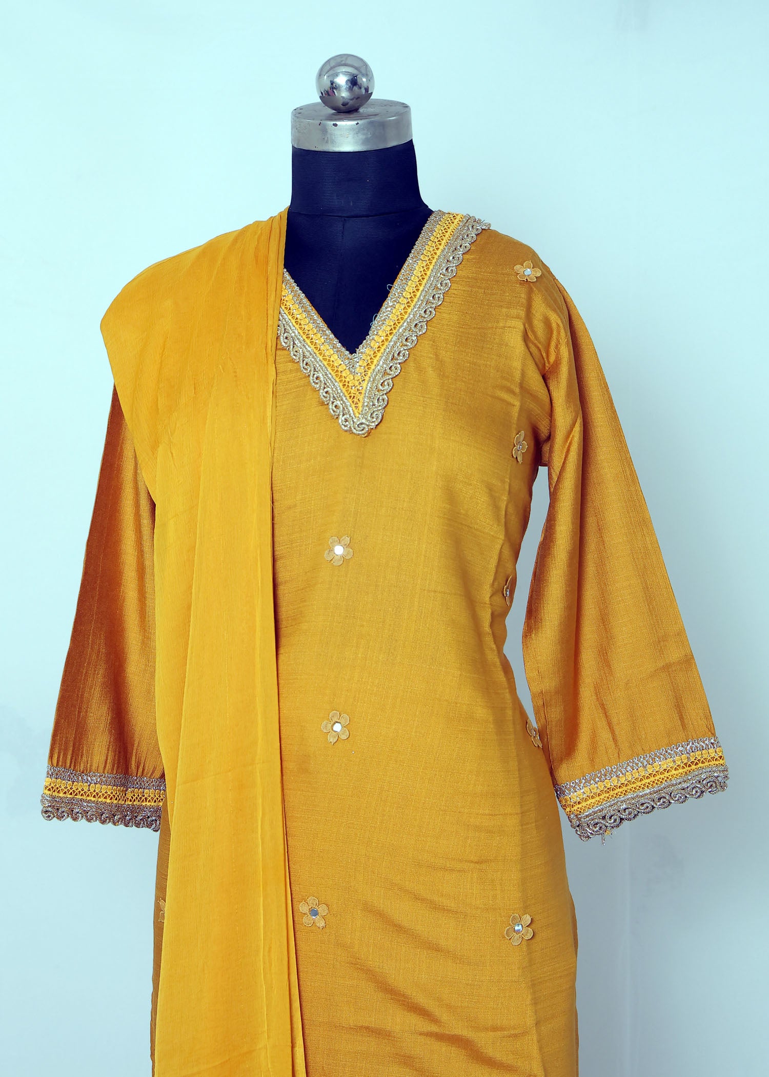 Mustard Yellow Embroidered KurtI Set with Palazzo Pants