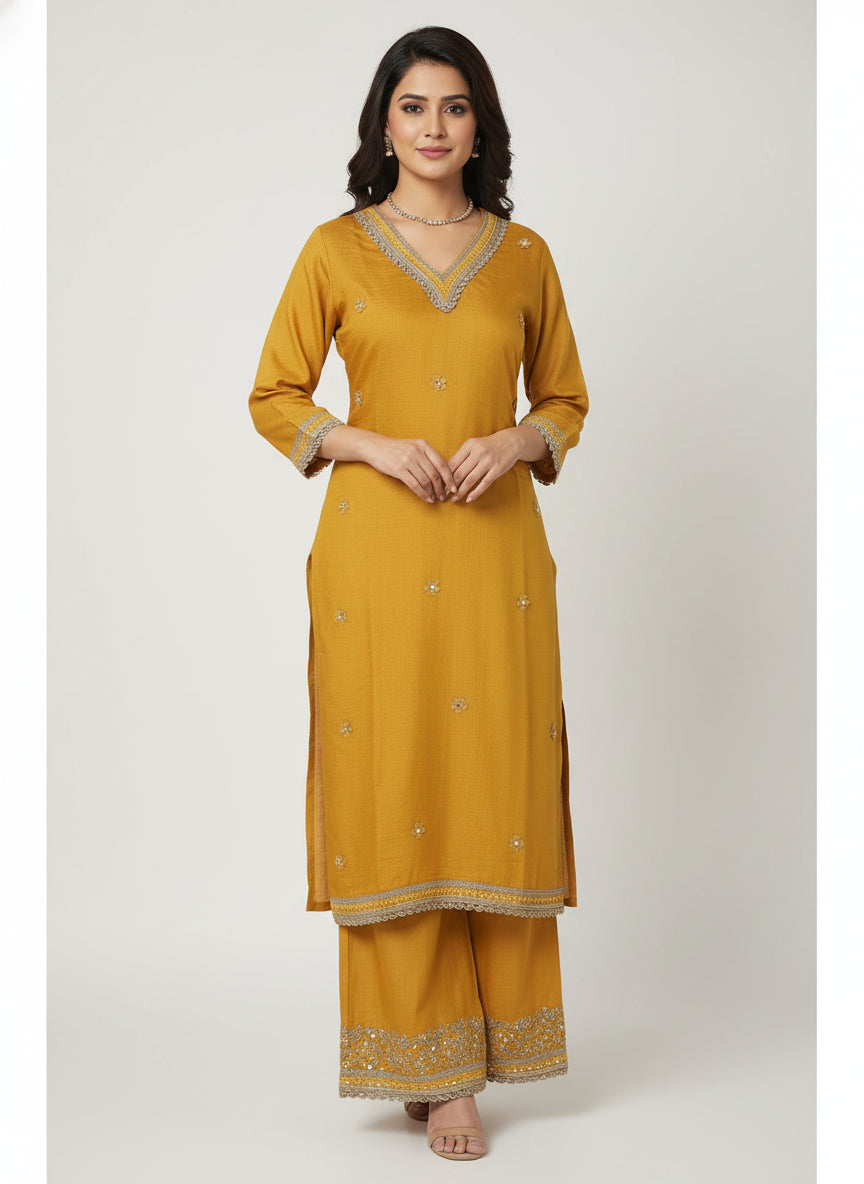 Mustard Yellow Embroidered KurtI Set with Palazzo Pants