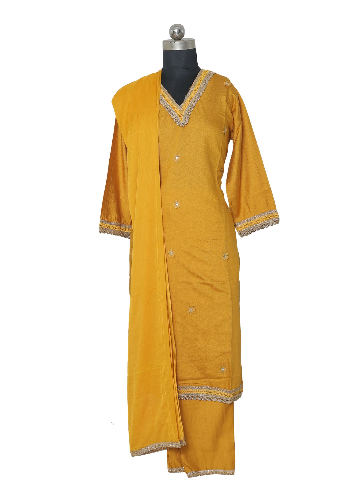 Mustard Yellow Embroidered KurtI Set with Palazzo Pants