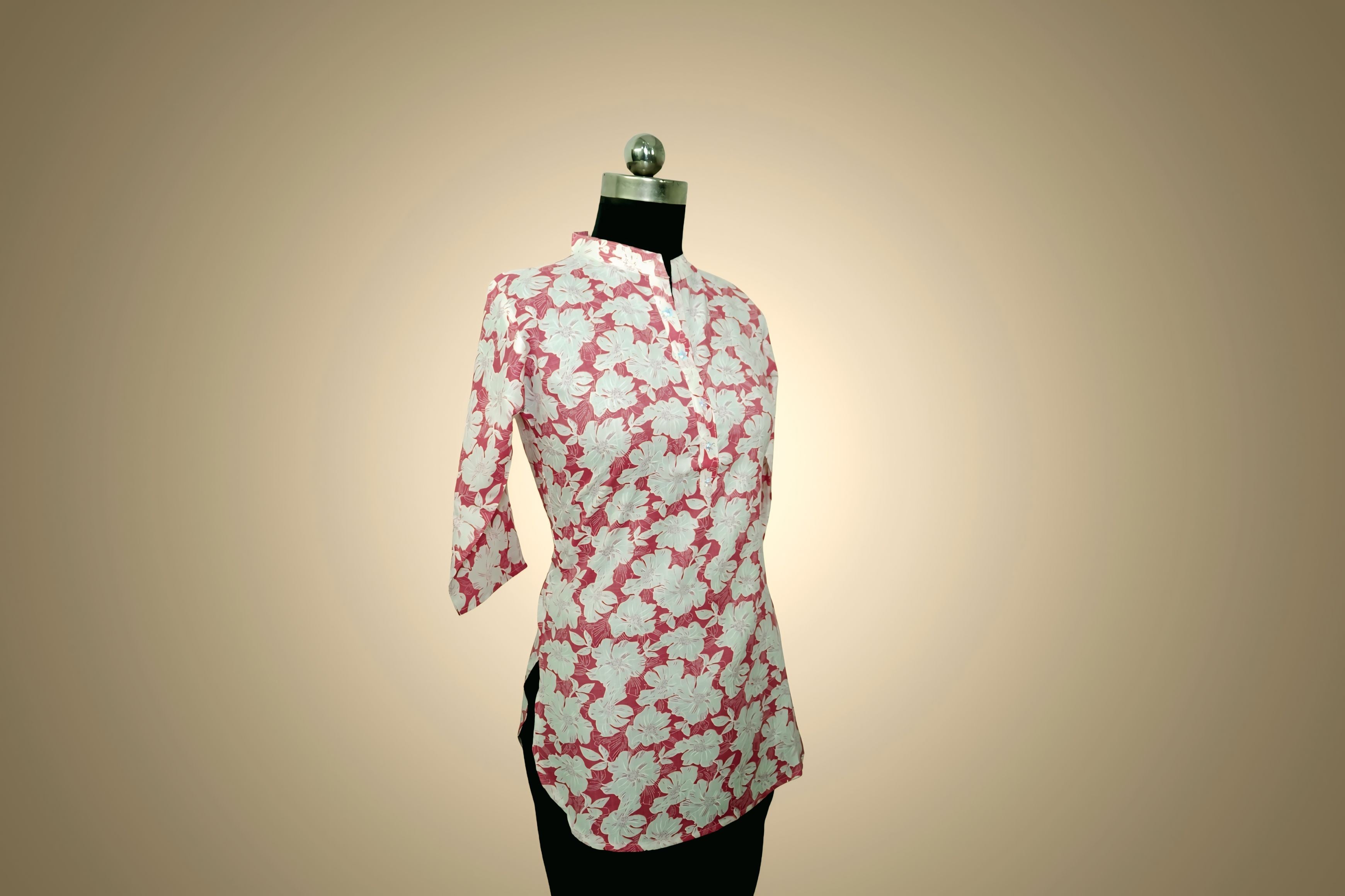 Chic Beige & White Leaf Print Tunic Top