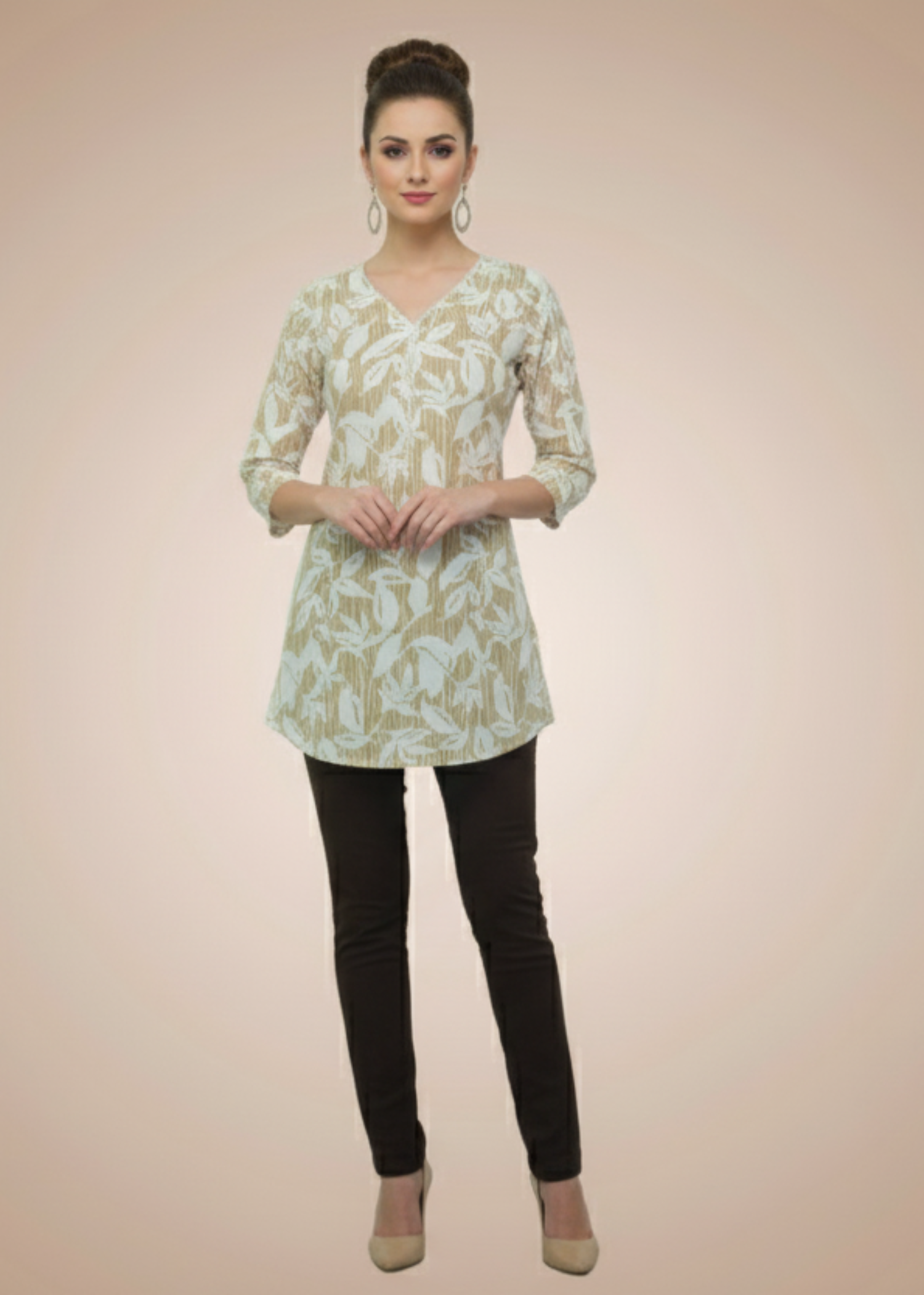 Chic Beige & White Leaf Print Tunic Top