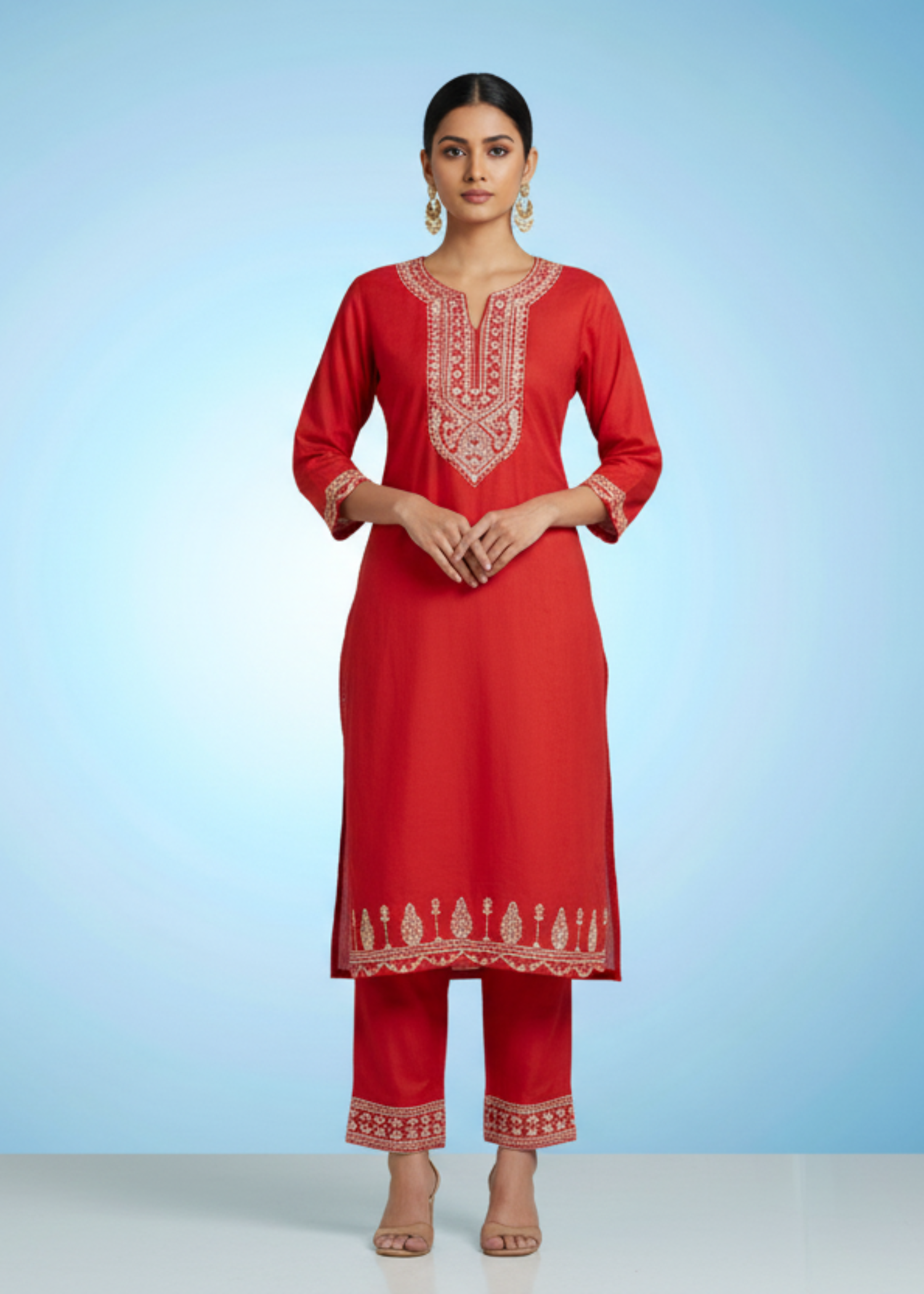 Crimson Red Embroidered Straight Kurta Set