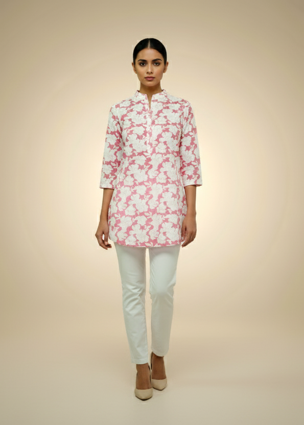 Elegant Pink & White Floral Embroidered Tunic Top