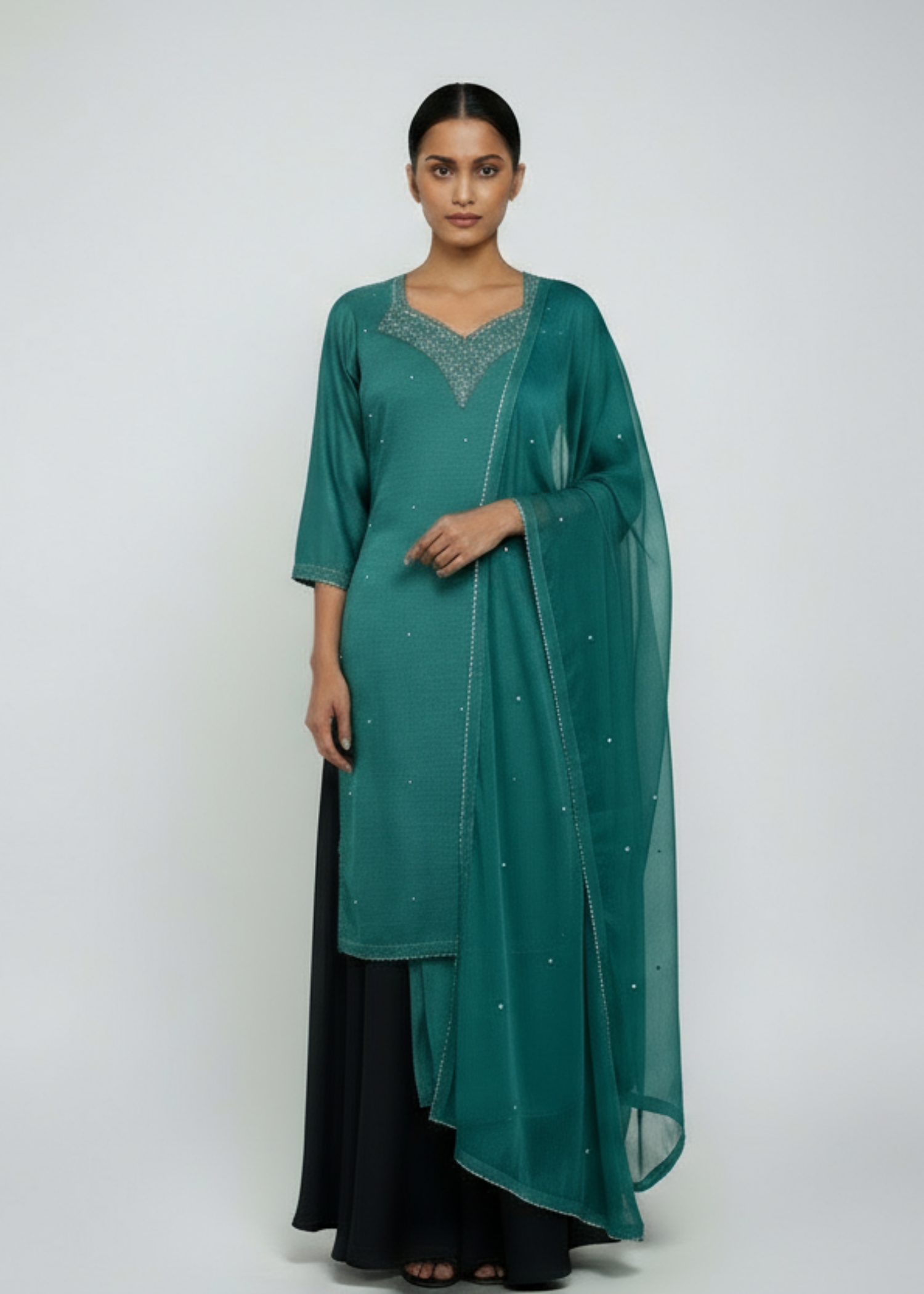 Teal Embellished Kurta Set with Black Palazzo