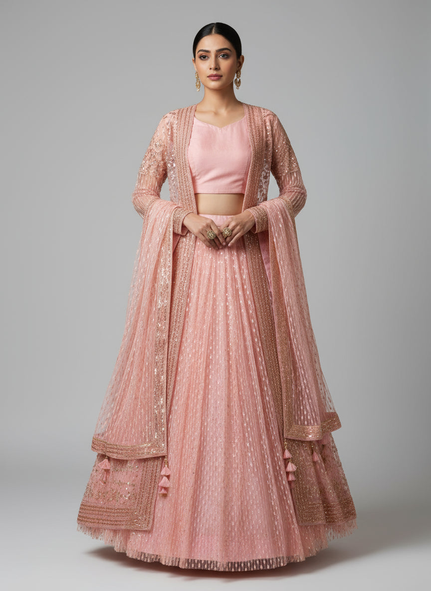 Light Peach Embroidered Anarkali Gown Set with Dupatta